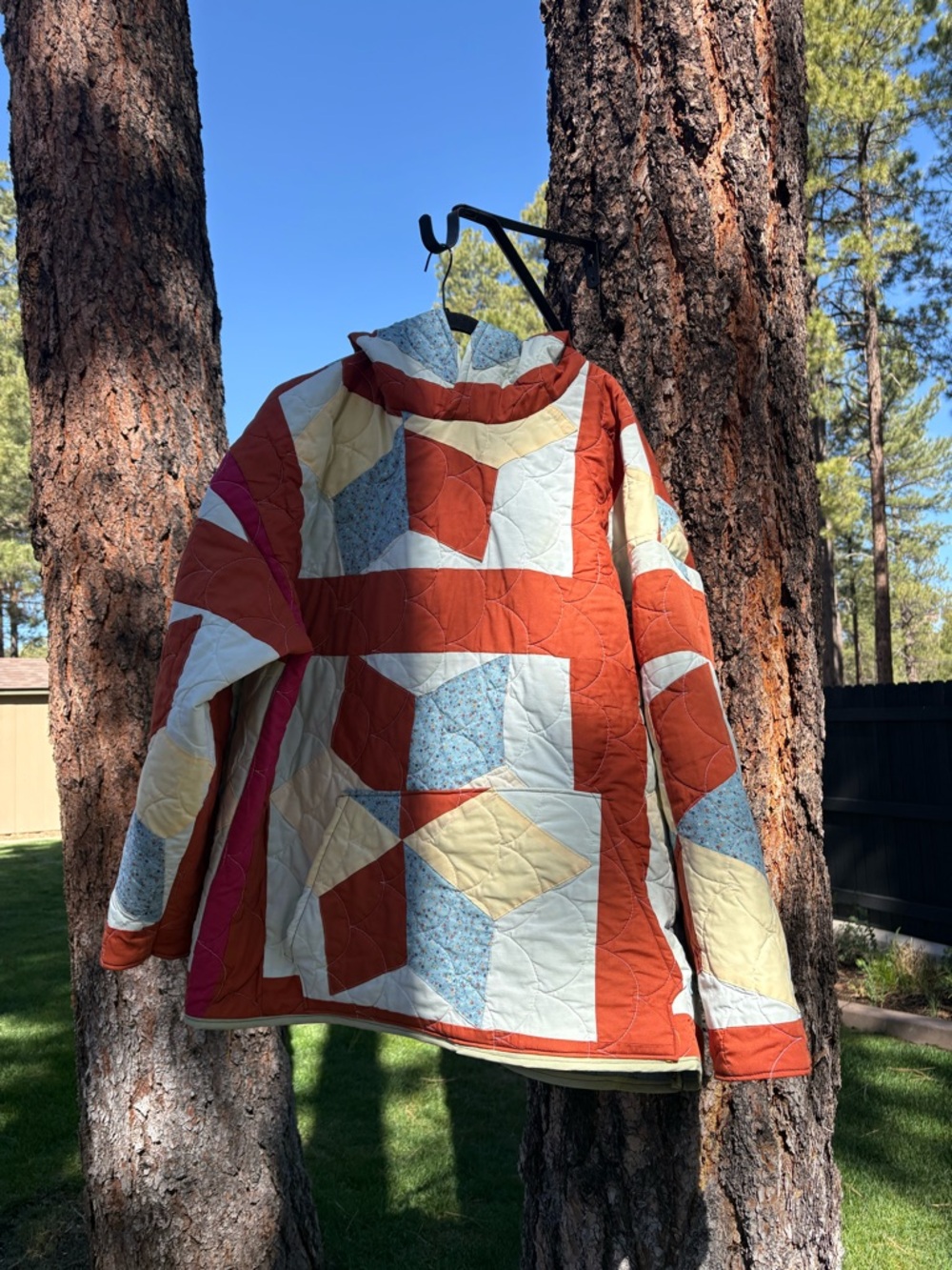 Patchwork Quilted Jacket in Rust, Cream & Light Blue,Size 1x